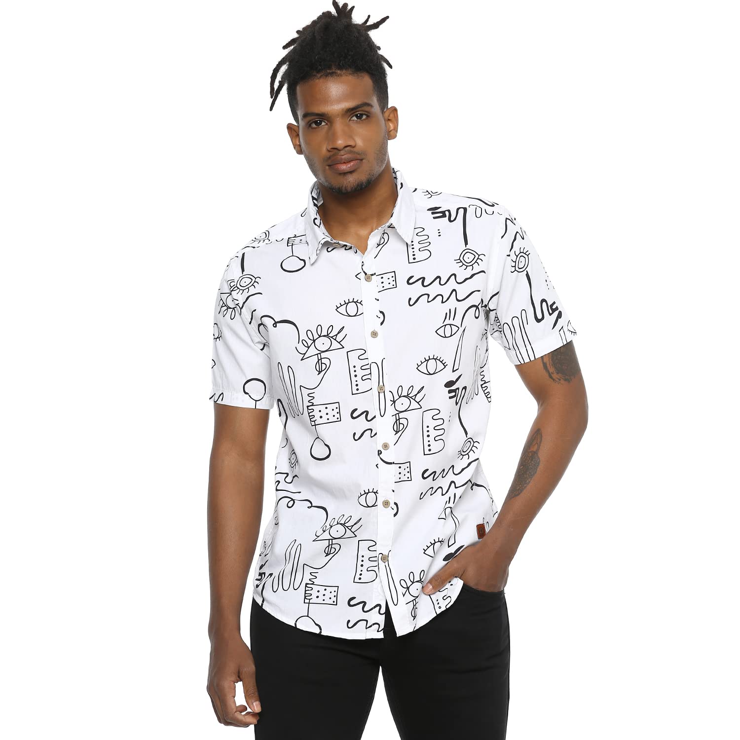 Campus Sutra Mens White Doodle Printed Button Up Shirt Regular Fit for Casual Wear | Stylish Modern Clothing Shirt Crafted with