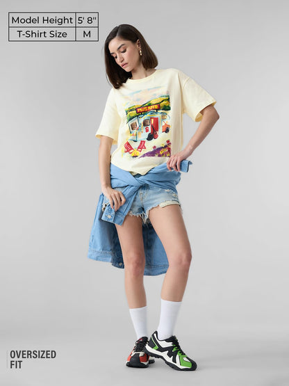 The Souled Store Caravan Women and Girls Short Sleeves Round Neck Off White Graphic Printed Cotton Oversized T-Shirts