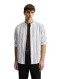 The Indian Garage Co Mens Relaxed Fit Vertical Striped Mandarin Collar Full Sleeves Resort Shirt