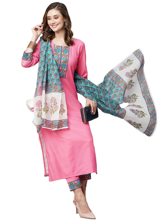 GoSriKi Women's Cotton Blend Straight Printed Kurta with Pant & Dupatta (Nidhivan Pink-NW-GS)