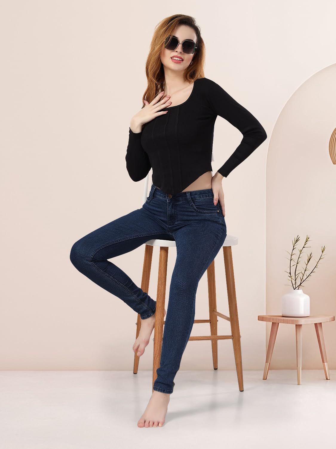 Fabme WomenS Full Sleeves, Square Neck Stylish Rib Crop Top - Black