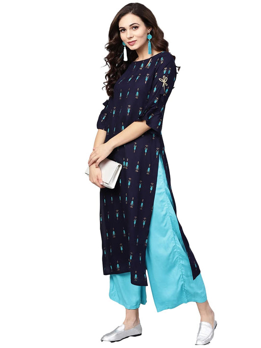 ANNI DESIGNER Women's Cotton Blend Printed Straight Kurta with Palazzo (Sidda)