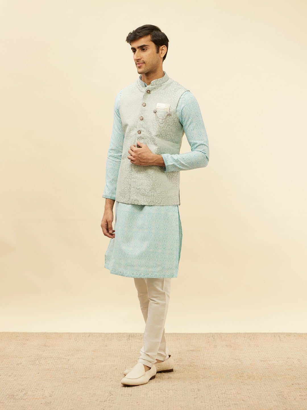 Manyavar Mens Blue Brocade JACQUARD Jacket