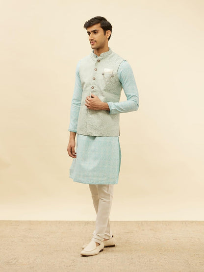 Manyavar Mens Blue Brocade JACQUARD Jacket