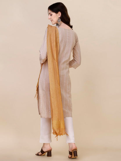 Fashion Basket Women Cotton Printed Kurta And Pant Set With Dupatta (X-Large, Beige)