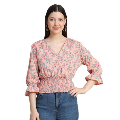 Toochki Womens Peach Cotton Blend Floral Cinched Waist Western Top | Winter Top | Western Top | Top for Women | Latest Women To