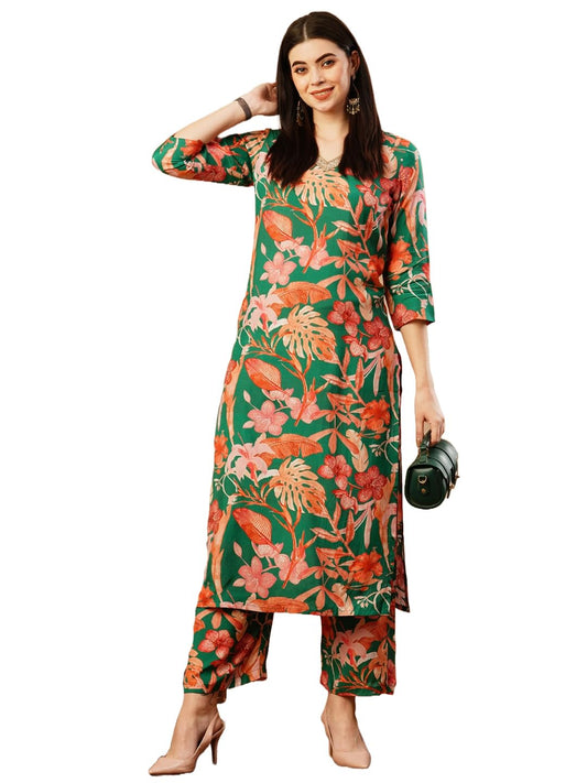 ANNI DESIGNER Womens Cotton Blend Straight Printed Kurta with Palazzo (Chinki Green-NW_M_Green_Medium)