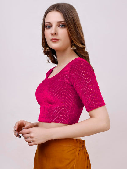 Vihu Fashion WomenS Readymade Hosiery Velvet Lycra Stretchable Round Neck Half Sleeve Blouse With Jari Work Fancy Pink Color Ly