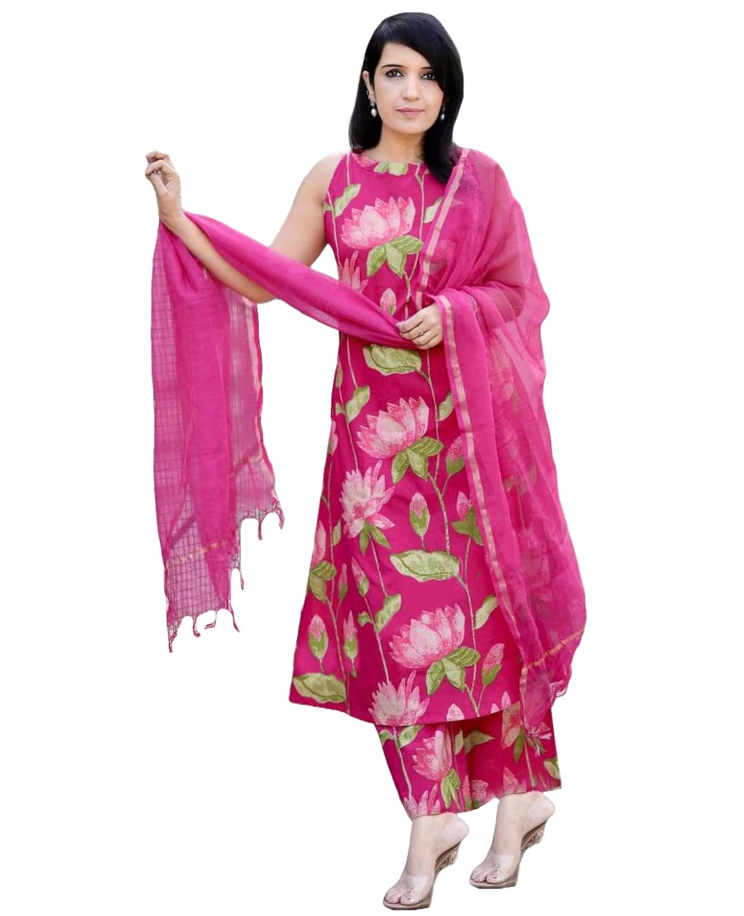 ANNI DESIGNER Womens Rayon Viscose Printed A-Line Kurta with Palazzo & Dupatta (Amala Pink_XXL_Pink_XX-Large)