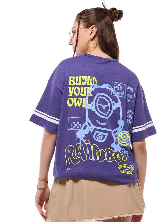 Bewakoof Official Minions Merchandise Womens Graphic Printed Oversized Fit Half Sleeve Round Neck Cotton Jersey T-Shirt_642104_