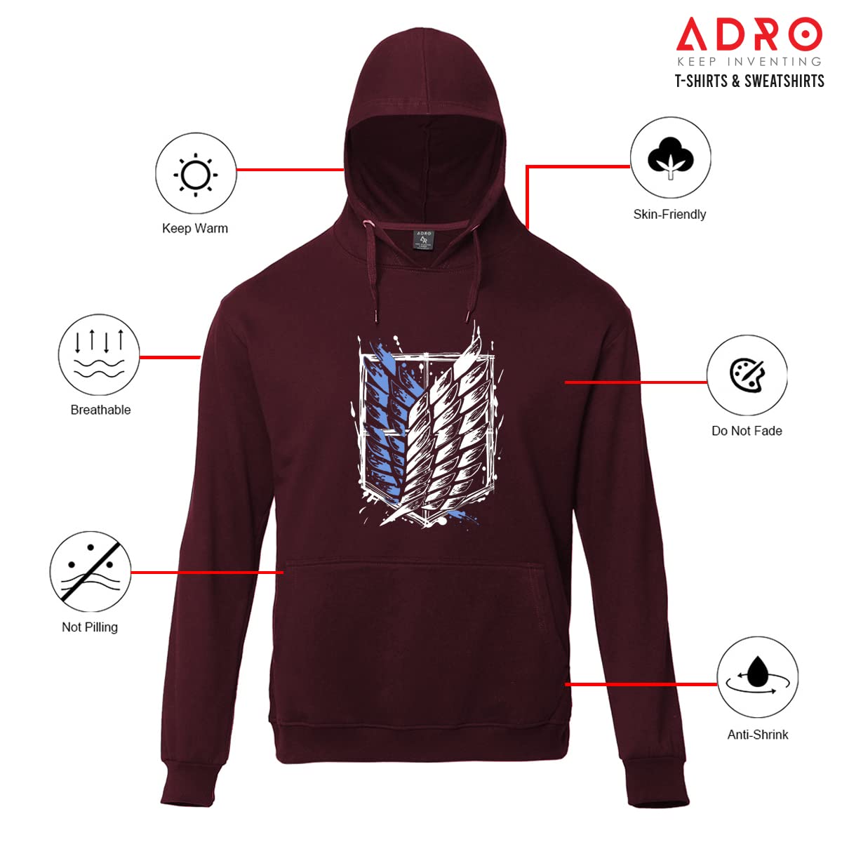 ADRO Men's Cotton Neck Hooded Sweatshirt (H22-M-AR2-MR_Maroon)