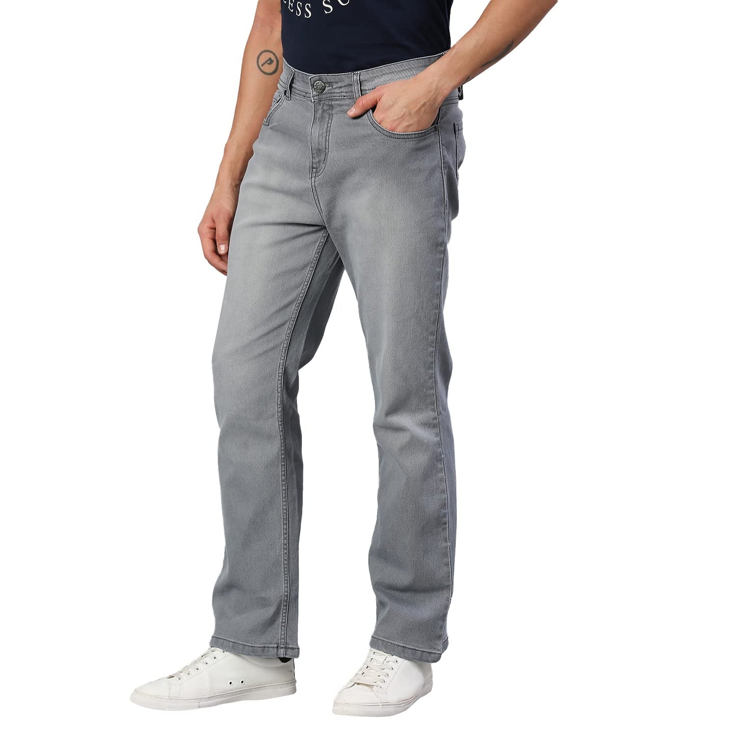 High Star Men Grey Boot Leg Mid-Rise Stretchable Jeans