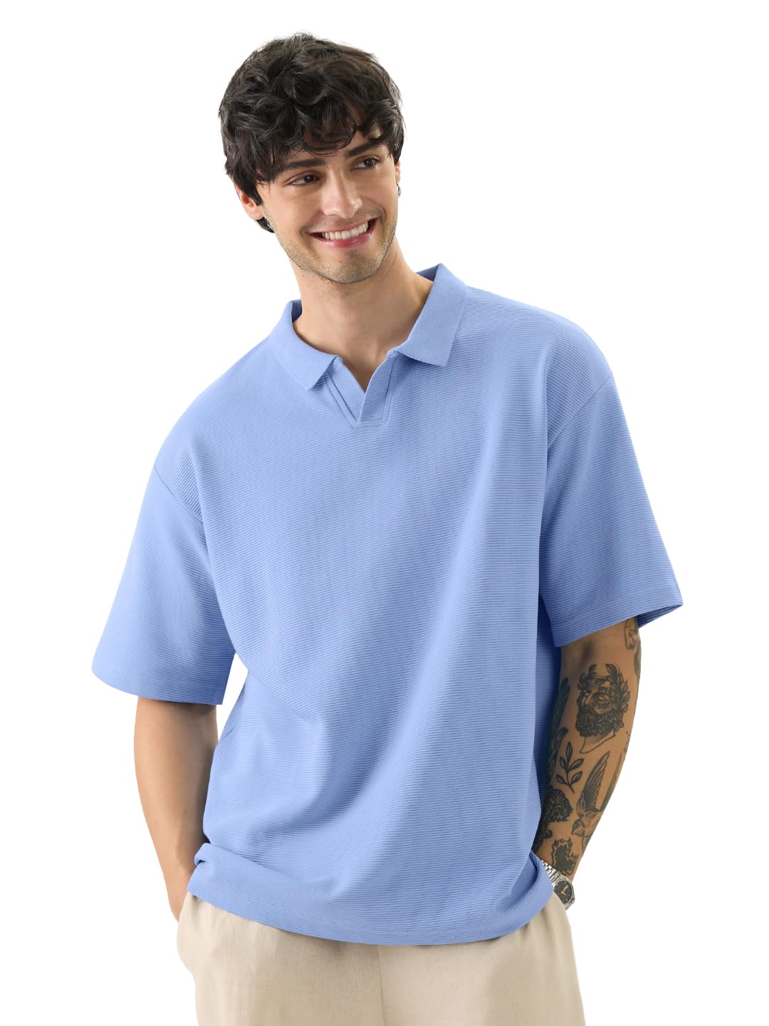 The Souled Store Solids: Pastel Blue Men and Boys Short Sleeves Collared Neck Textured Cotton Blend Oversized Polos