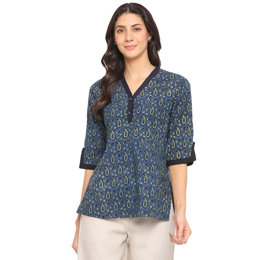 Fabindia Navy Blue Cotton Printed Short Kurta