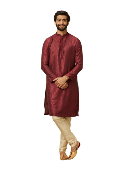 Manyavar Maroon Art Silk Embroidery | Self Texture Kurta Pyjama Set