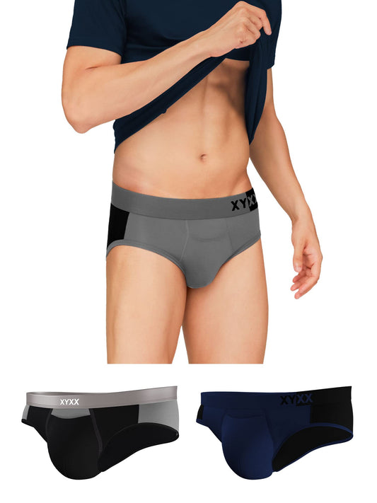 XYXX Mens Underwear Dualist IntelliSoft Antimicrobial Micro Modal Brief Pack of 3 (Steel Grey & Black ; Black Iris & Black ; Bl