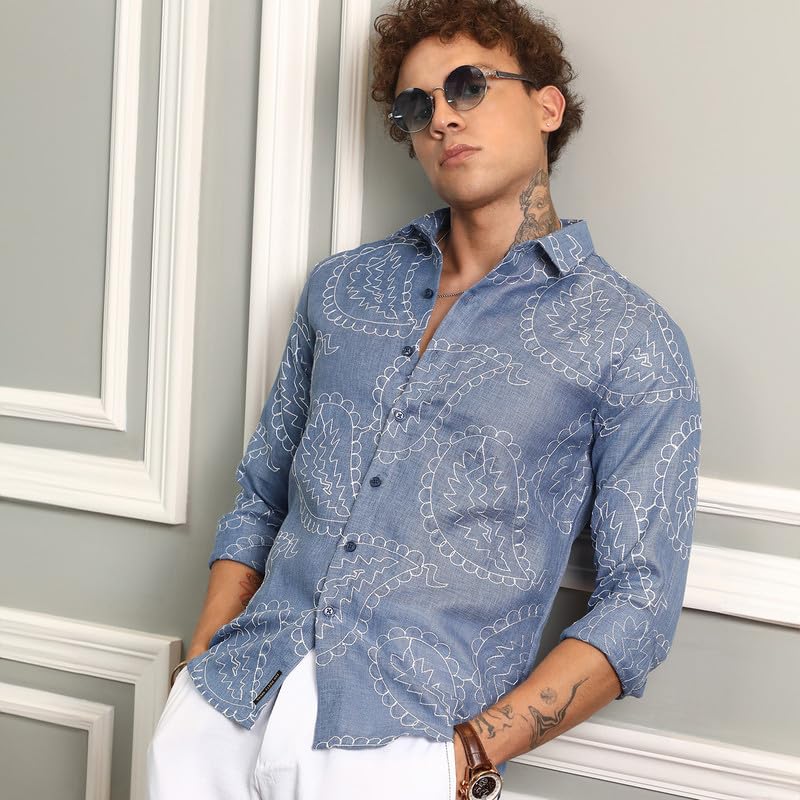 Campus Sutra Mens ICY Blue Paisley-Lined Shirt | Casual Wear | Spread Collar | Long Sleeve | Button Closure | Shirt Crafted wit