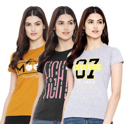 Preneum Womens Cotton Regular Fit Latest Graphic Stylish Printed Short Sleeves Casual T-Shirt || Trend & Styles (Pack 3), Yello