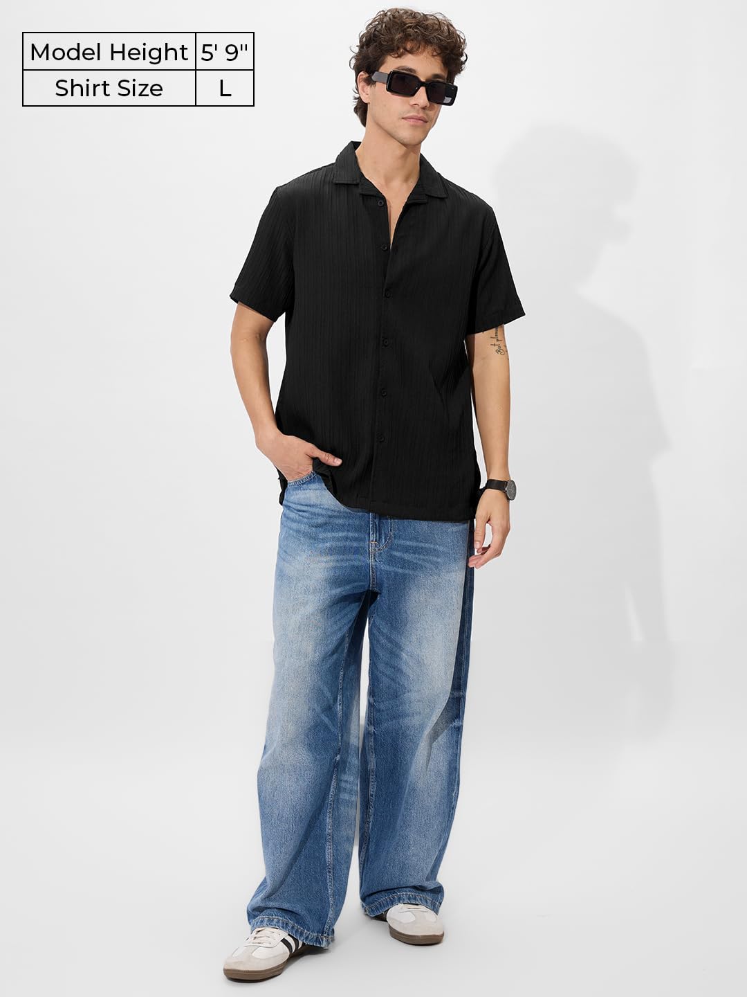 The Souled Store Solids: Black Men and Boys Short Sleeves Collared Neck Button Front Regular Fit Polyester Textured Shirts