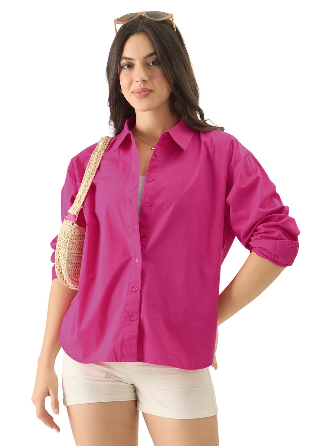 The Souled Store| Solids: Hot Pink Womens and Girls Shirts|Full Sleeve|Loose fit Solid |100% Cotton Pink Women Boyfriend Shirts
