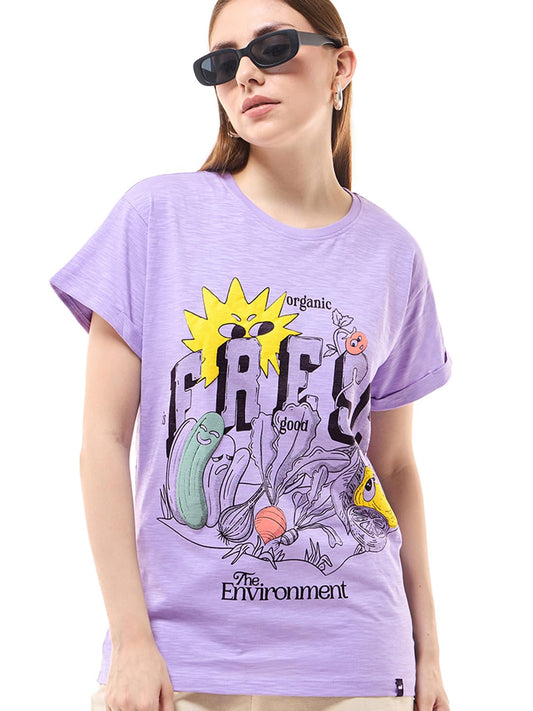 Bewakoof Air 1.0 WomenS Graphic Print Boyfriend Fit Half Sleeve Round Neck Cotton Slub T-Shirt_645933_Purple_Xs