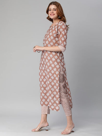 GoSriKi Women's Cotton Blend Printed Straight Kurta with Pant (Funnu Brown-Nw5-GS)