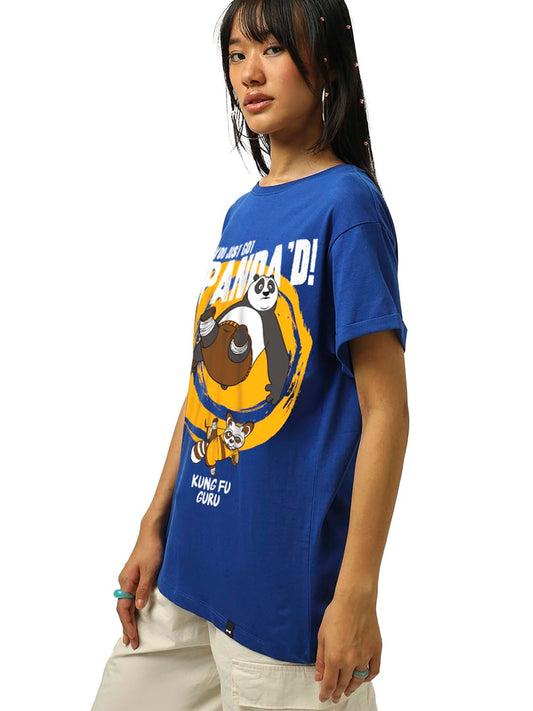Bewakoof Official Kung Fu Panda Merchandise WomenS Graphic Print Boyfriend Fit Half Sleeve Round Neck Cotton T-Shirt_648302_Blue