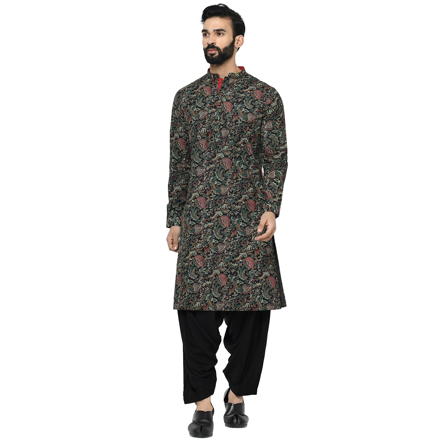 Kisah Men Black Green Ethnic Motifs Embroidered Kurta With Pyjamas, Full Sleaves, Knee Length, Straight, Regular Fit, Mandarin C