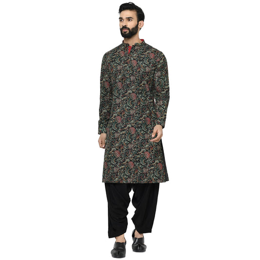 Kisah Men Black Green Ethnic Motifs Embroidered Kurta With Pyjamas, Full Sleaves, Knee Length, Straight, Regular Fit, Mandarin C