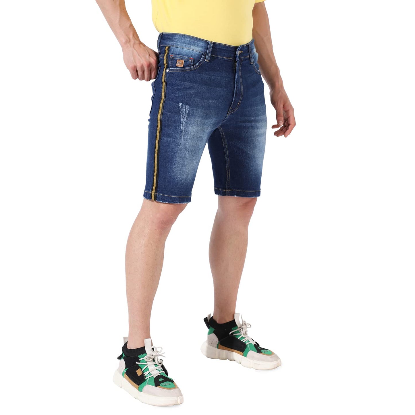 Campus Sutra Mens Classic Blue Dark-Washed Solid Patterned Regular Fit Denim Shorts, Premium Stretchable Cotton Mid-Rise Crafte