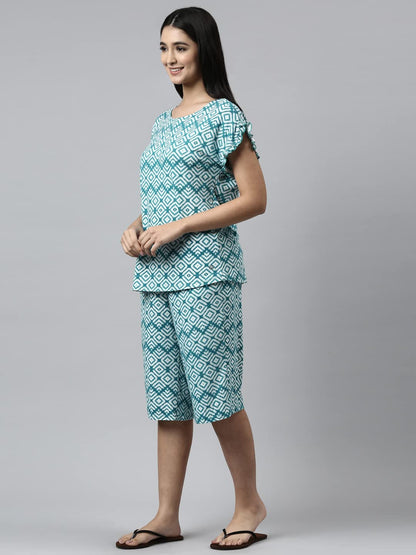 Enamor Essentials-Relaxed Fit Viscose Printed Ruffled Trim Tee & Shant Lounge Set For Womens-EC18 (EC18_Green Stone Tie Dye Aop_