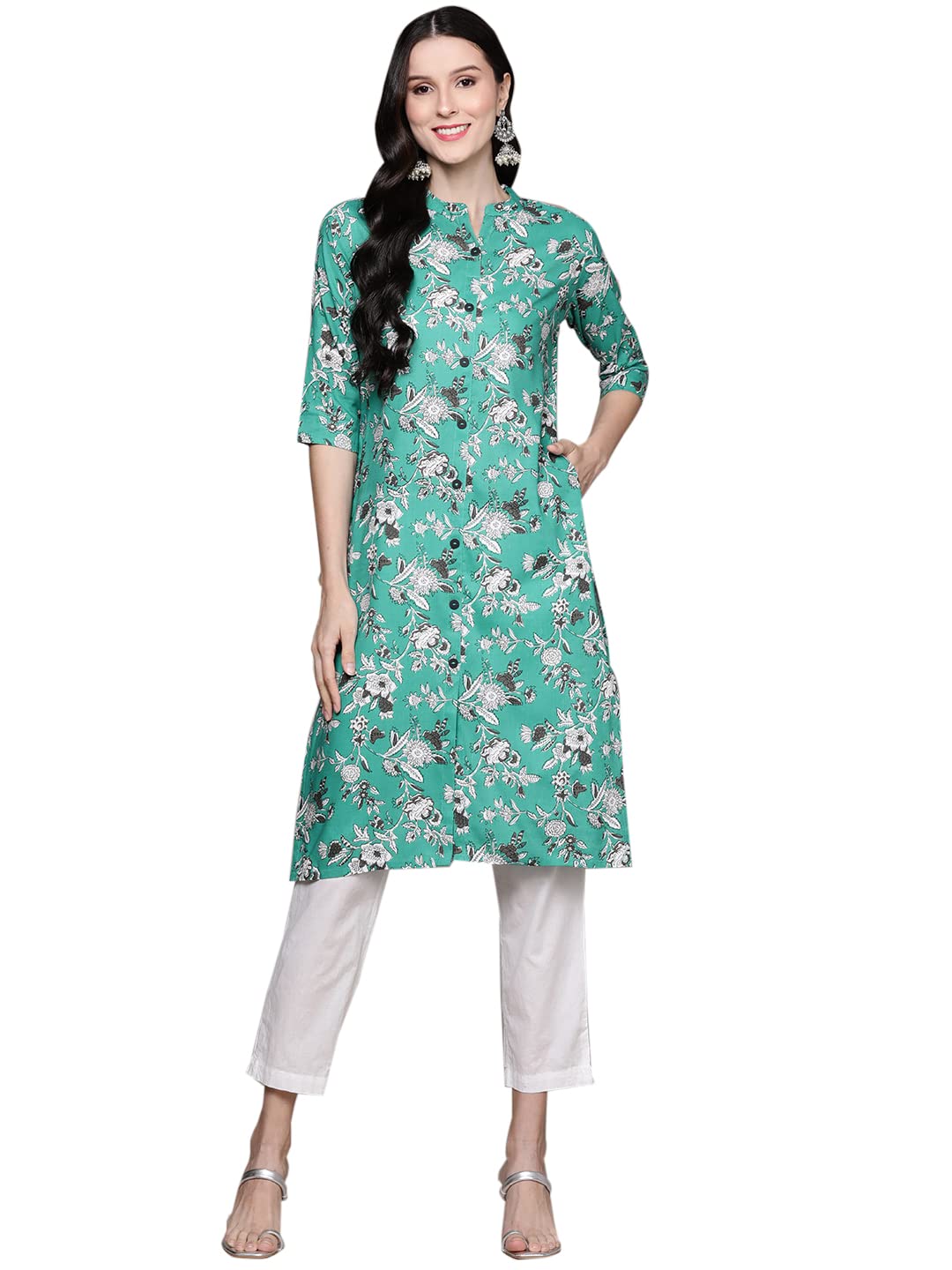 anubhutee Women's Cotton Sea Green Floral Printed Straight Kurta