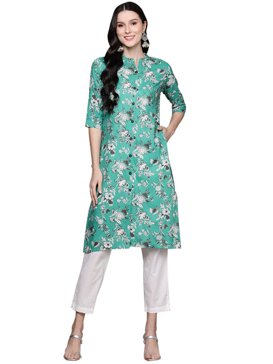 anubhutee Women's Cotton Sea Green Floral Printed Straight Kurta