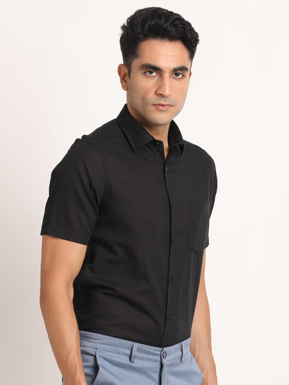 Turtle Men Cotton Linen Black Solid Regular Fit Formal Shirt