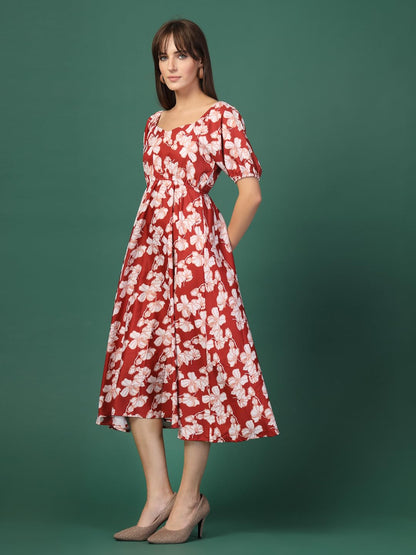 Oomph! Flared Dress For Women Stylish | Long One Piece For Women | Puff Sleeve Long Dress | Floral Print Maxi One Piece | Wester