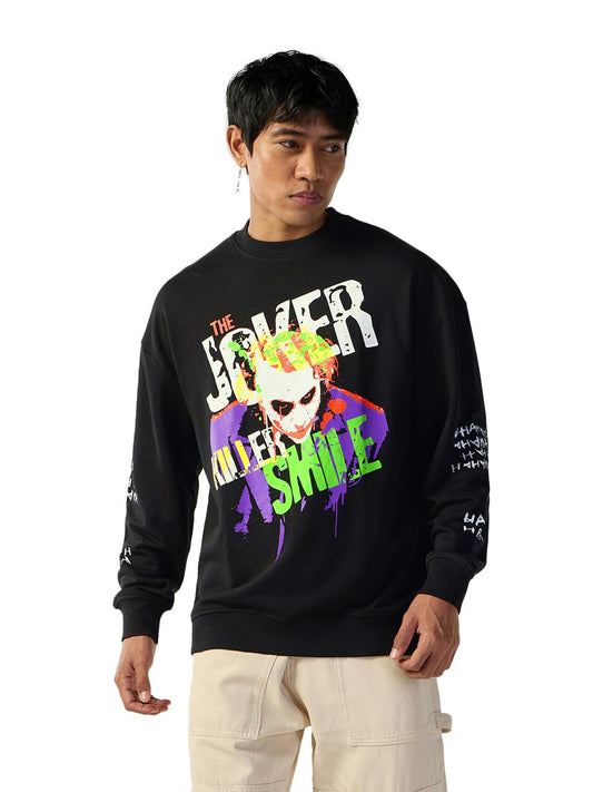 Bewakoof Official DC Merchandise Joker Mens Graphic Printed Oversized Fit Full Sleeve Round Neck Terry Sweatshirt_648588_Black_