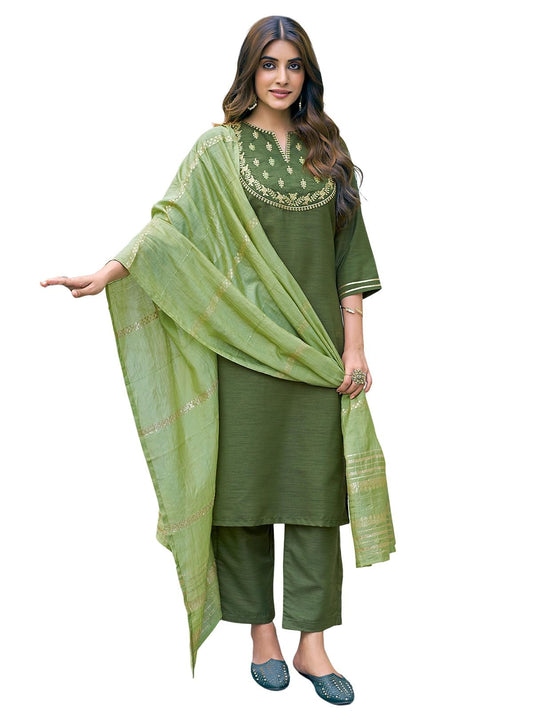 Sanisa Women's Art Silk Embroidery Work Straight Kurta with Pant and Dupatta Set