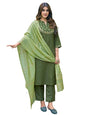 Sanisa Women's Art Silk Embroidery Work Straight Kurta with Pant and Dupatta Set