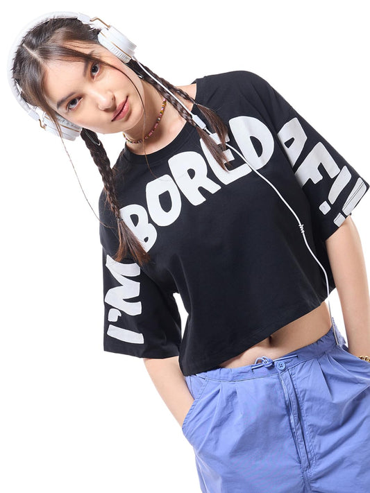 Bewakoof WomenS Printed Oversized Fit Half Sleeve Round Neck Cotton Short Top_582036_Black_2Xl