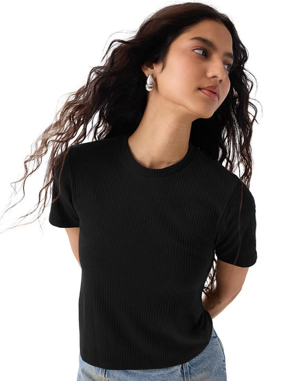 The Souled Store Ribbed T-Shirt: Black Women and Girls Short Sleeves Round Neck Polyester Blend Regular Fit T-Shirts