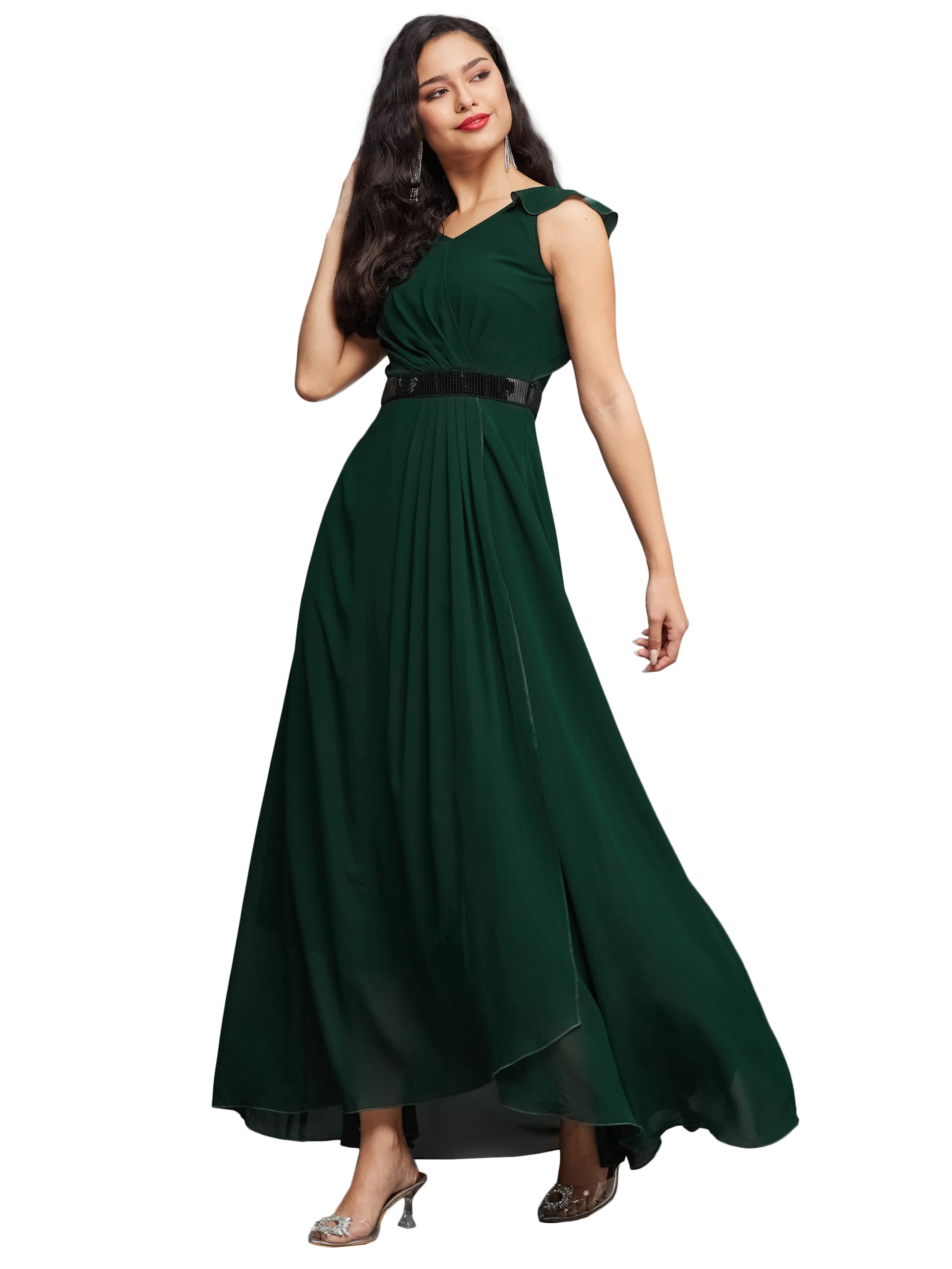 Miss Chase WomenS V-Neck Ruffled Sleeve Solid Embellished Maxi Dress With Pockets (Mcaw21D06-17-42-06, Dark Green, Xl)