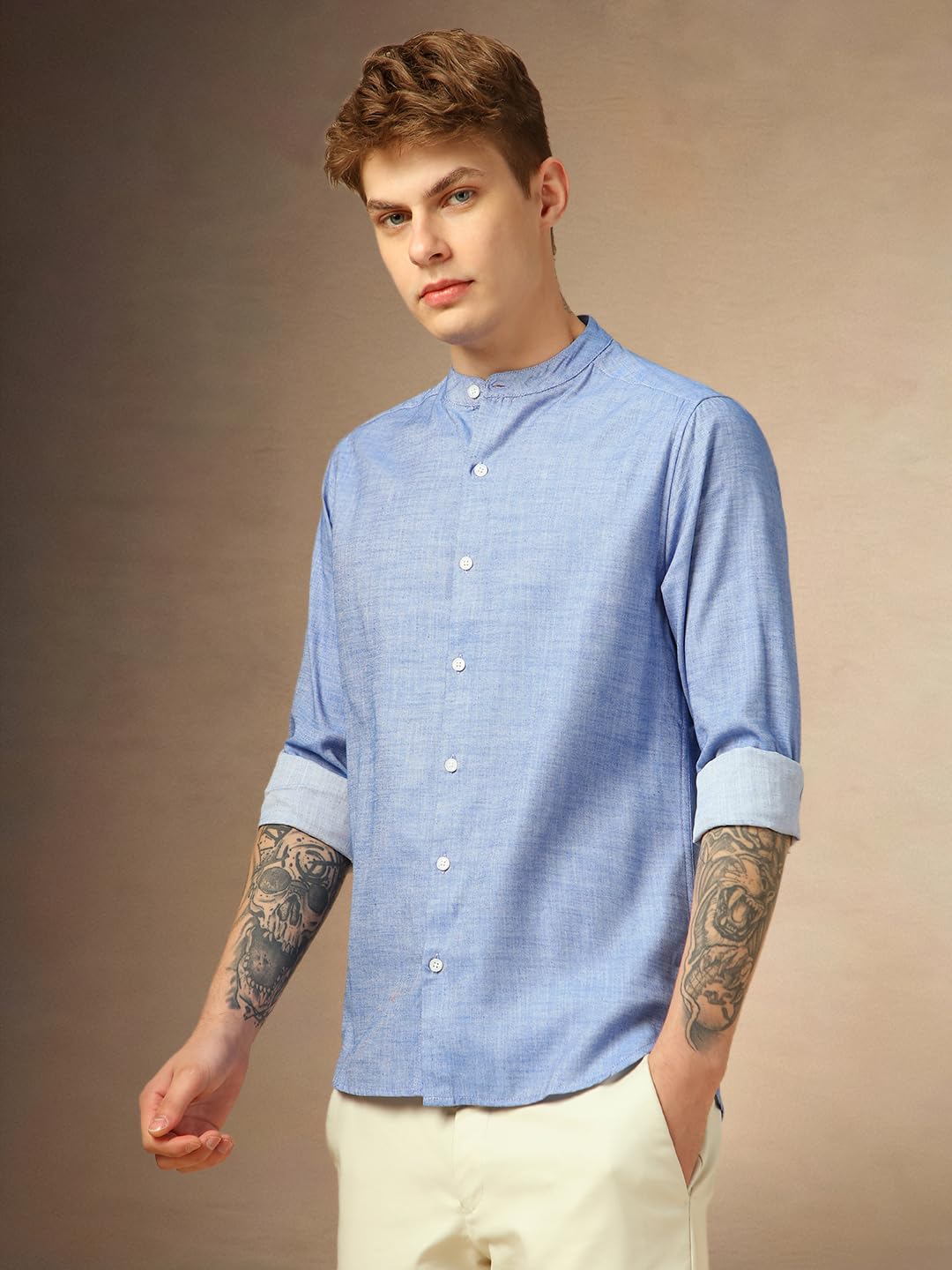Dennis Lingo Men Slim Fit Cotton Full Sleeves Solid Formal Shirts Blue