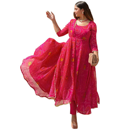 Gosriki WomenS Georgette Bandhani Printed Anarkali Kurta And Pant With Dupatta Set (Preeti Pink_Xl-Gs_Pink_X-Large)