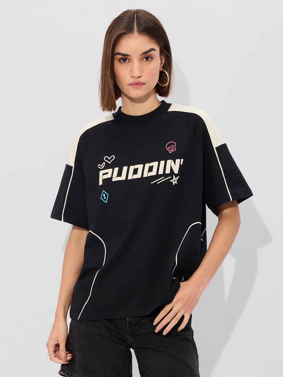 The Souled Store Official DC: Puddin Quinn Women and Girls Short Sleeve Round Neck Graphic Printed Cotton Oversized T-Shirts Bl
