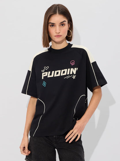 The Souled Store Official DC: Puddin Quinn Women and Girls Short Sleeve Round Neck Graphic Printed Cotton Oversized T-Shirts Bl