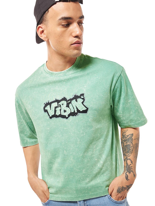 Bewakoof MenS Graphic Print Oversized Fit Half Sleeve Round Neck Pure Cotton Acid Wash T-Shirt_635550_Green_2Xl
