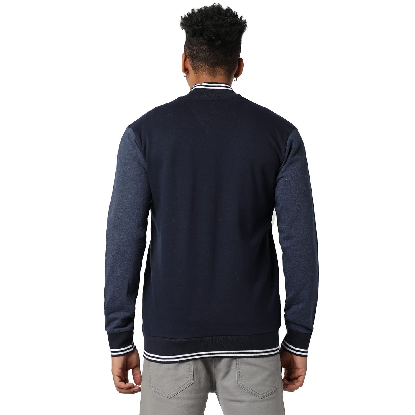 Campus Sutra Mens Navy Blue Zip-Front Jacket with Contrast Striped Hem for Casual Wear | Low-High Neck | Long Sleeve | Zipper C