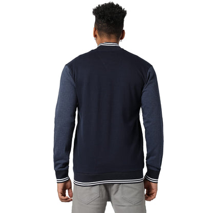 Campus Sutra Mens Navy Blue Zip-Front Jacket with Contrast Striped Hem for Casual Wear | Low-High Neck | Long Sleeve | Zipper C