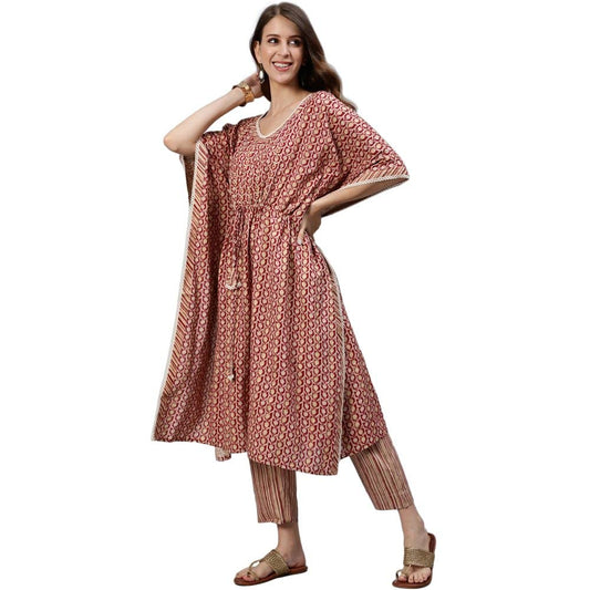 anubhutee Women's Printed Sequinned Kaftan Cotton A-Line Kurta Suit Set with Pants