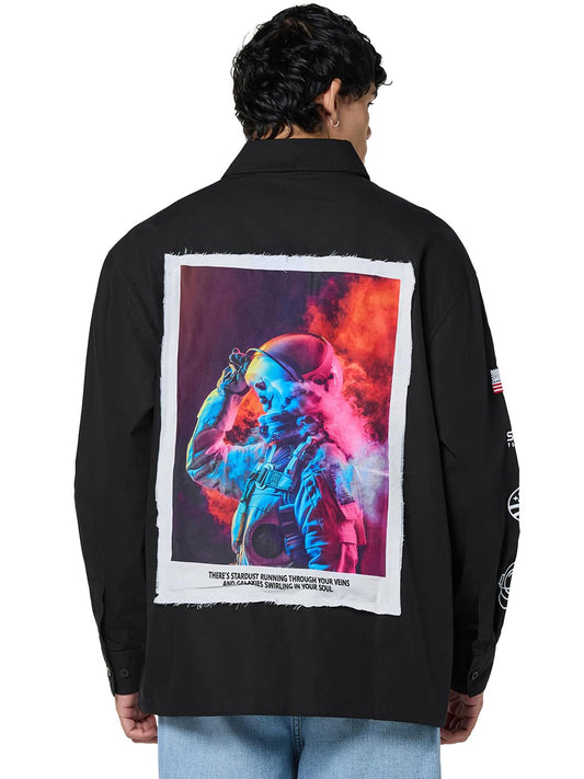 Bewakoof Official NASA Merchandise Mens Graphic Print Oversized Fit Full Sleeve Collar Poplin Shirt_666818_Black_XL